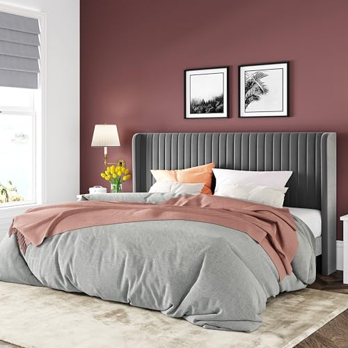 Allewie Queen Size Velvet Bed Frame/Vertical Channel Tufted Wingback Headboard/Upholstered Platform Bed/Strong Wooden Slats/No Box Spring Needed/Easy Assembly/Black - Image 68