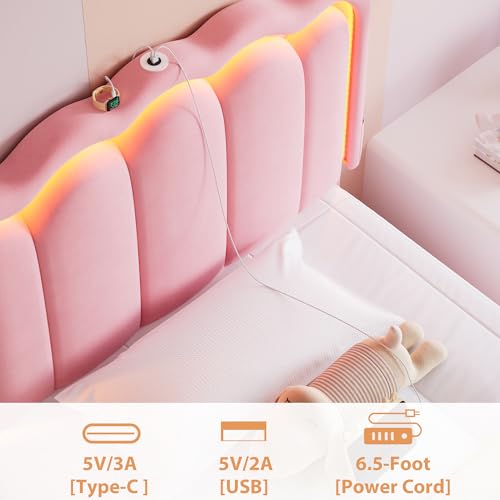 Twin Upholstered LED Bed Frame with Storage Drawer and Adjustable Chic Double Wavy Headboard, Velvet Princess Platform Bed for Kids/Girls, Solid Wood Slats Support, No Box Spring Needed, Beige - Image 91