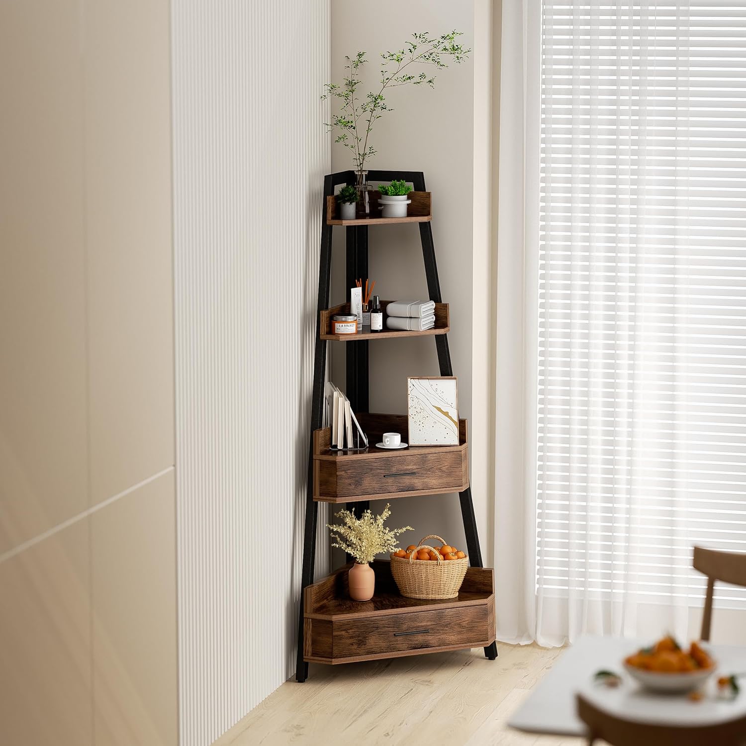 Elsie&Mi 55.1 Inch Tall Corner Shelf, 4-Tire 2 Drawers Corner Cabinet, Storage Rack for Living Room, Office, Kitchen, Basement, Bedroom, Rustic Brown - Image 5