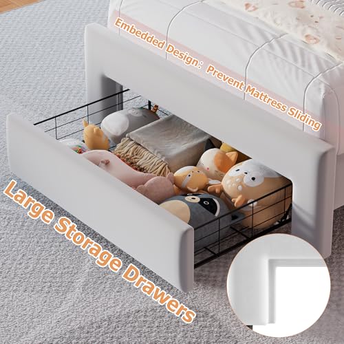Twin Upholstered LED Bed Frame with Storage Drawer and Adjustable Chic Double Wavy Headboard, Velvet Princess Platform Bed for Kids/Girls, Solid Wood Slats Support, No Box Spring Needed, Beige - Image 64