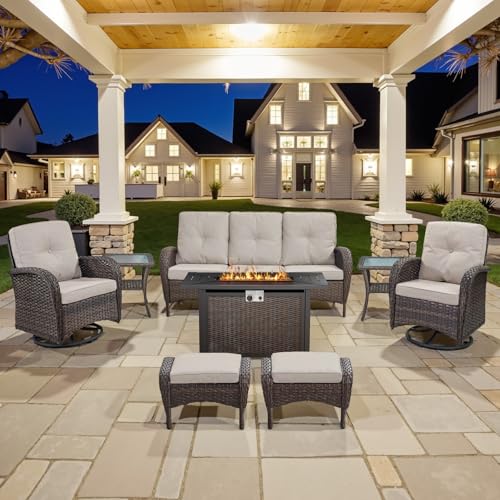 Patio Wicker Chairs Swivel Rocker – Outdoor Swivel Rocking Chairs Set of 2 with Rattan Side Table, Patio Swivel Glider Chair 3 Piece Patio Furniture Sets for Deck Porch Pool Brown/Blue - Image 161
