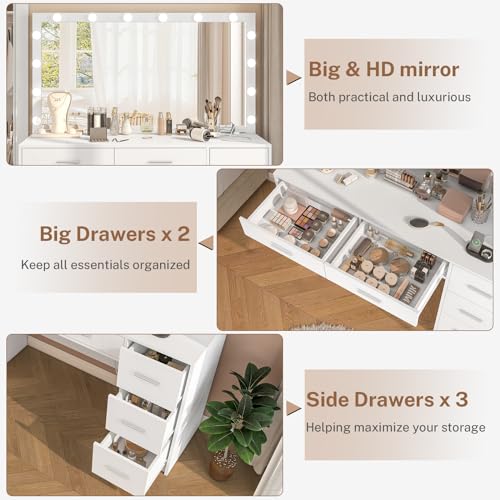 Makeup Vanity Desk with Mirror, 10 Lights, 5 Drawers, 3 Storage Shelves, 3 Color Modes & Adjustable Brightness Dressing Table, 35.4?? Desk, Black - Image 7