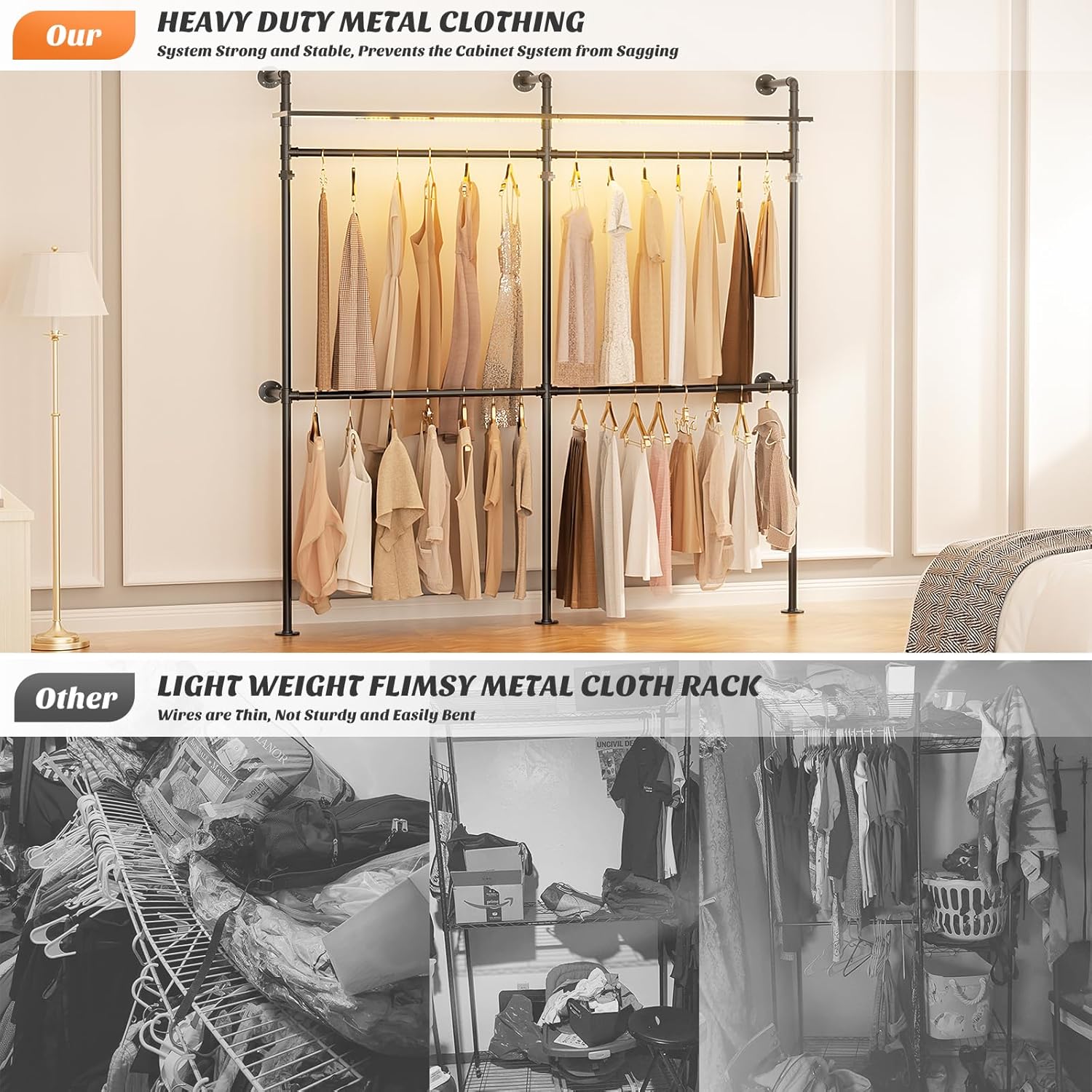 Aheaplus Industrial Pipe Clothing Rack, Reversible 79.7” Clothes Rack for Hanging Clothes, Heavy Duty Garment Racks Closet Wardrobe with LED Lights& Shelves, Walk-in Closet System, Black - Image 20