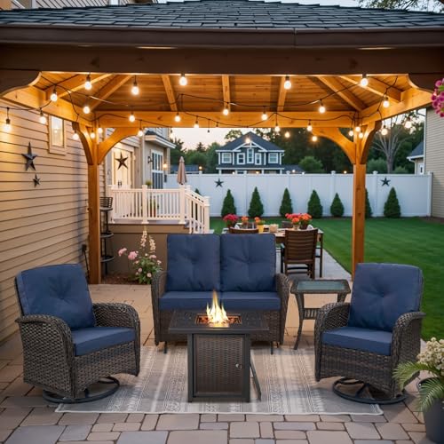 Patio Wicker Chairs Swivel Rocker – Outdoor Swivel Rocking Chairs Set of 2 with Rattan Side Table, Patio Swivel Glider Chair 3 Piece Patio Furniture Sets for Deck Porch Pool Brown/Blue - Image 135