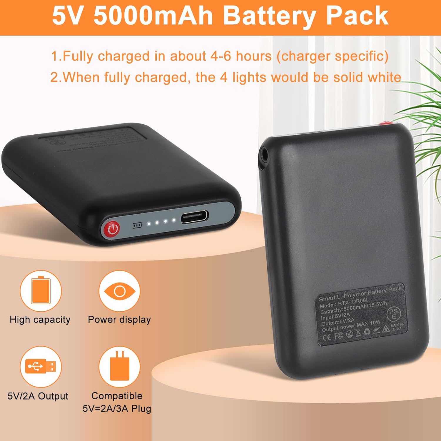 Amiable Upgraded 5V 5000mAh Li-Polymer Rechargeable Batteries, Suitable for Heated Gloves Heated Scarf Heated Socks, Heated Slippers Spare Battery (Black) - Image 6