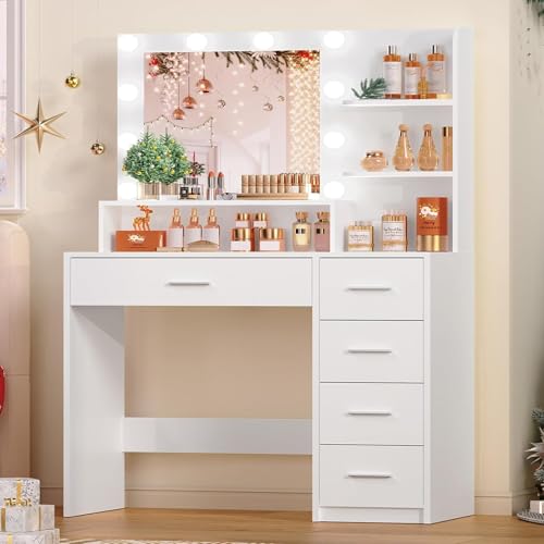 Makeup Vanity Desk with Mirror, 10 Lights, 5 Drawers, 3 Storage Shelves, 3 Color Modes & Adjustable Brightness Dressing Table, 35.4?? Desk, Black - Image 14