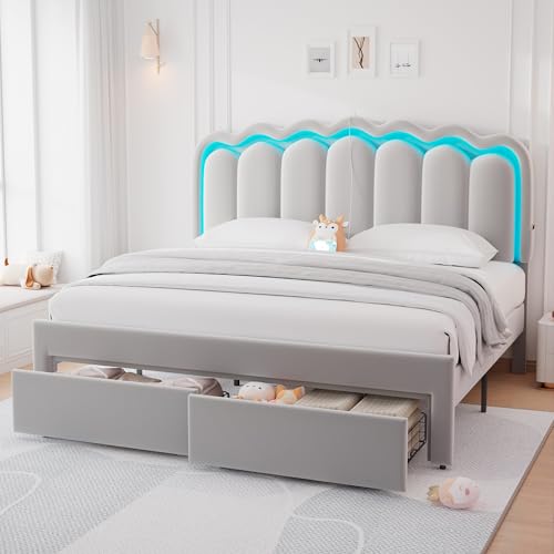 Twin Upholstered LED Bed Frame with Storage Drawer and Adjustable Chic Double Wavy Headboard, Velvet Princess Platform Bed for Kids/Girls, Solid Wood Slats Support, No Box Spring Needed, Beige - Image 54