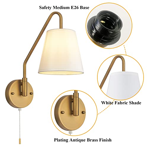 PASSICA DECOR Hardwired Wall Sconces Set of Two 2 Pack with Pull Chain ON Off Matte Black Swing Arm Lighting Modern Vintage Lamp Industrial White Fabric Wall Light for Bedroom Farmhouse Living Room - Image 6
