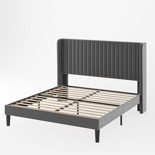 Allewie Queen Size Velvet Bed Frame/Vertical Channel Tufted Wingback Headboard/Upholstered Platform Bed/Strong Wooden Slats/No Box Spring Needed/Easy Assembly/Black - Image 39
