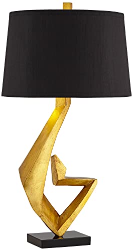 Possini Euro Design Zeus Mid Century Modern Glam Luxury Table Lamp 28.5 Tall Sculptural Gold Leaf Metal Black Fabric Tapered Drum Shade Decor for Living Room Bedroom House Bedside Nightstand Home - Image 8