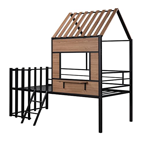 Harper & Bright Designs Kids House Beds Low Loft Bed Frame with Roof, Window, Guardrail and Ladder, Metal Twin Size Loft Bed for Kids Teens Girls Boys (Twin, White) - Image 10
