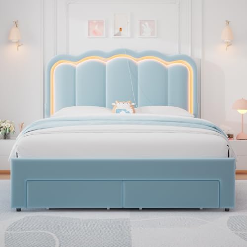 Twin Upholstered LED Bed Frame with Storage Drawer and Adjustable Chic Double Wavy Headboard, Velvet Princess Platform Bed for Kids/Girls, Solid Wood Slats Support, No Box Spring Needed, Beige - Image 45
