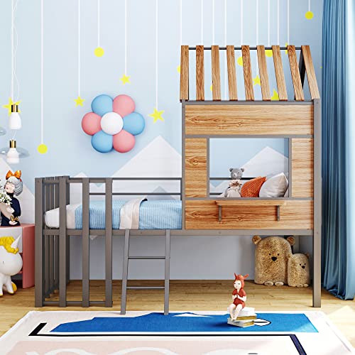 Harper & Bright Designs Kids House Beds Low Loft Bed Frame with Roof, Window, Guardrail and Ladder, Metal Twin Size Loft Bed for Kids Teens Girls Boys (Twin, White) - Image 21