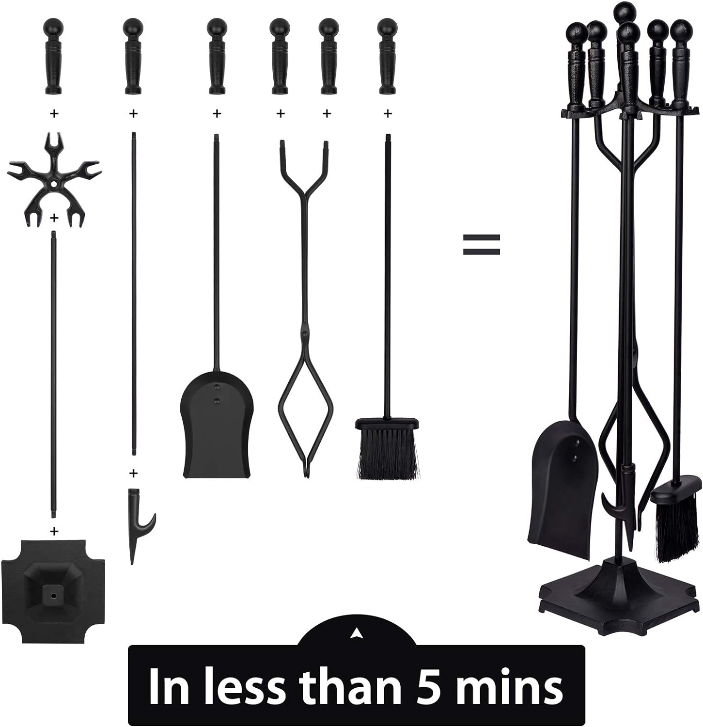 Parts & Accessories 5-Piece Fireplace Tools Set, 32 Inch Wrought Iron Fireplace Accessories Includes Fire Poker, Shovel, Brush, Tong, and Stand, Easy to Assemble - Image 5