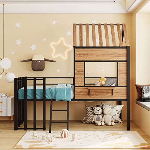 Harper & Bright Designs Kids House Beds Low Loft Bed Frame with Roof, Window, Guardrail and Ladder, Metal Twin Size Loft Bed for Kids Teens Girls Boys (Twin, White) - Image 4