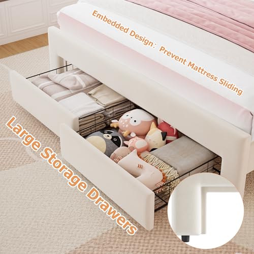 Twin Upholstered LED Bed Frame with Storage Drawer and Adjustable Chic Double Wavy Headboard, Velvet Princess Platform Bed for Kids/Girls, Solid Wood Slats Support, No Box Spring Needed, Beige - Image 4