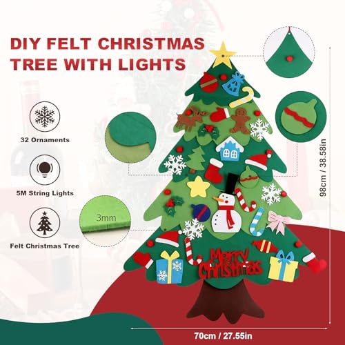Felt Christmas Tree for Toddlers, 3.2ft DIY Felt Christmas Tree Set, with 5M LED String Lights, 32Pcs Detachable Tree Ornaments, Wall Decor with Hanging Rope for Kids Xmas Gifts Home Door - Image 2